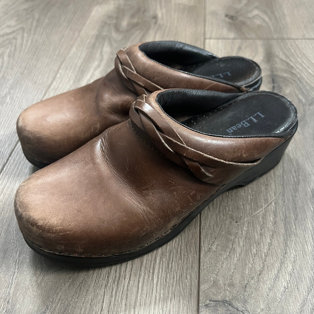 LL Bean‎ Brown Braided Leather Strap Mules Women's Size 38 US 7